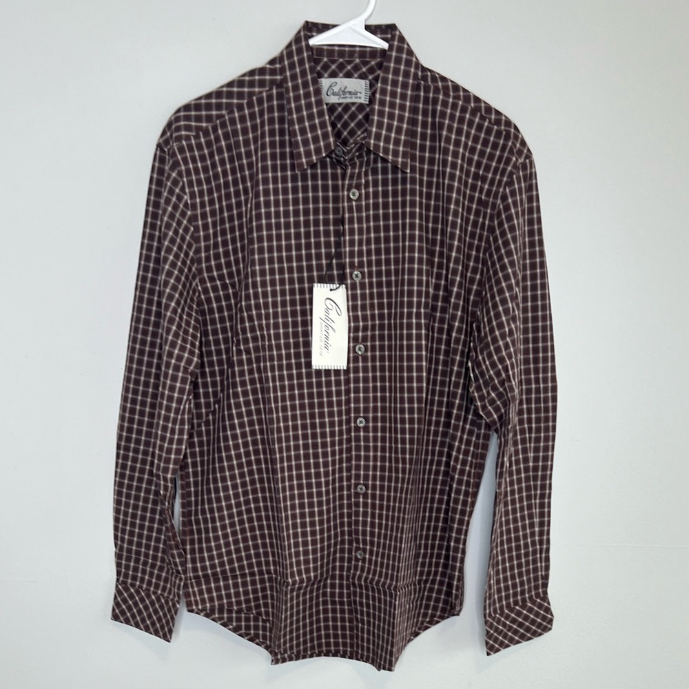 California Shirt Co. Men’s Brown Blue Plaid Long Sleeve Button Up Shirt M Short